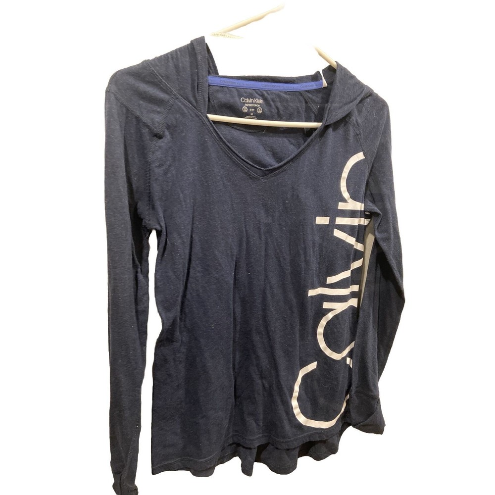 Calvin Klein Performance Shirt Womens Medium Blue Long Sleeve Hooded Activewear
